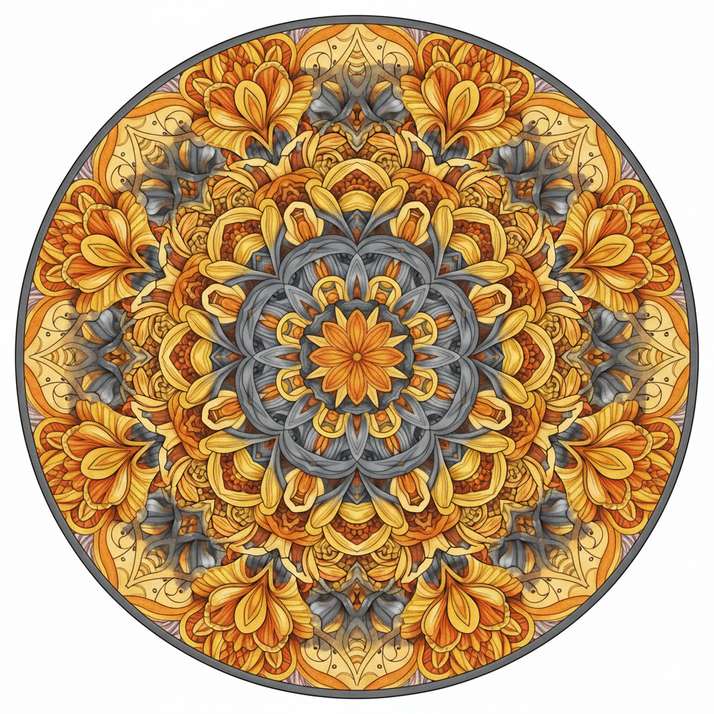 Mandala coloreado con tonos de fuego (naranja y amarillo) y toques de humo blanco y morado