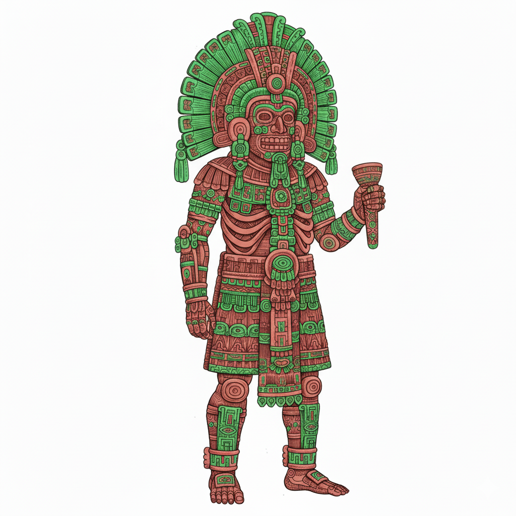 Mictlantecuhtli coloreado con tonos de piedra, sangre y jade, con alto contraste
