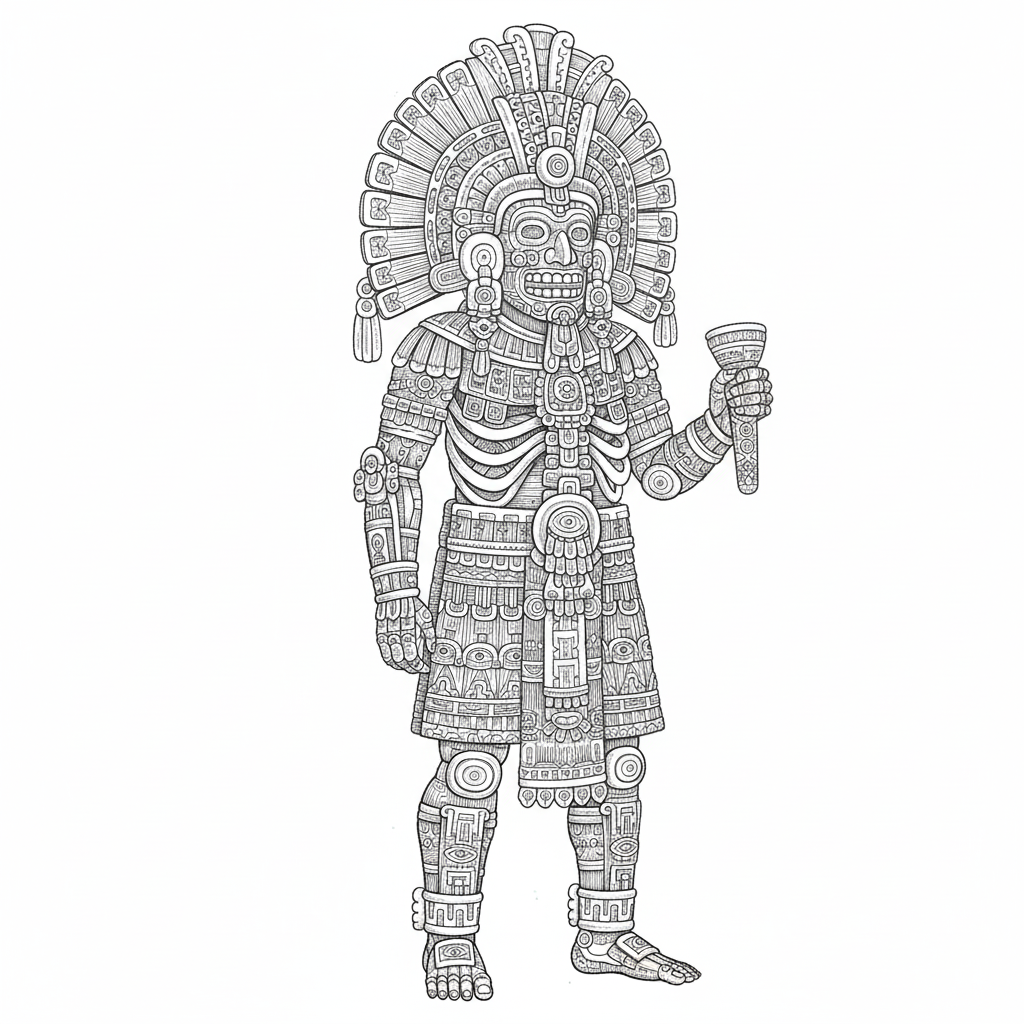 Dibujo de línea de Mictlantecuhtli, la figura esquelética con intrincados glifos y símbolos
