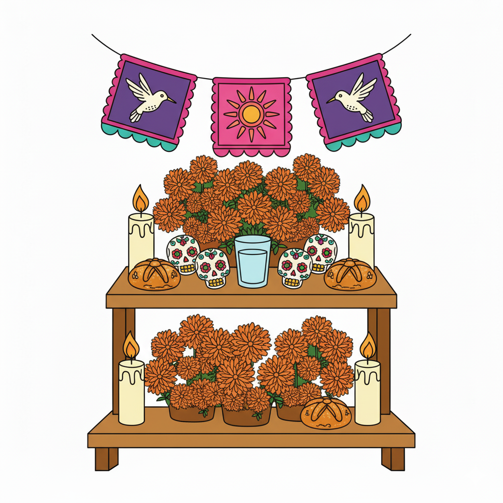 Altar coloreado con papel picado de colores brillantes y flores de cempasúchil