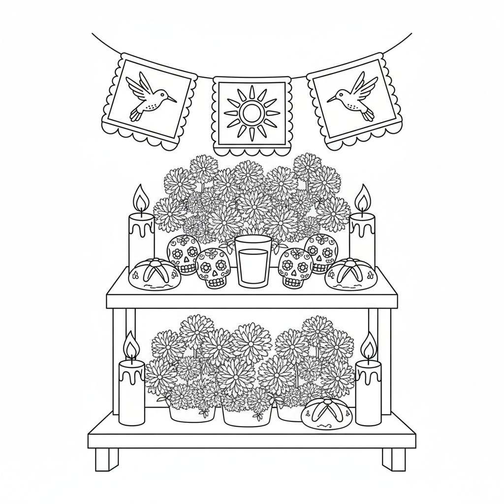 Dibujo de línea de un altar de muertos de dos pisos con alimentos, velas y flores