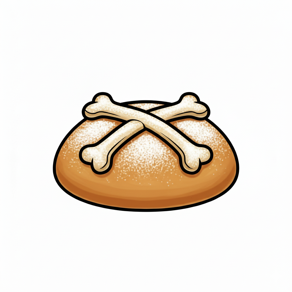Pan de muerto coloreado de color dorado claro con un toque de azúcar blanca