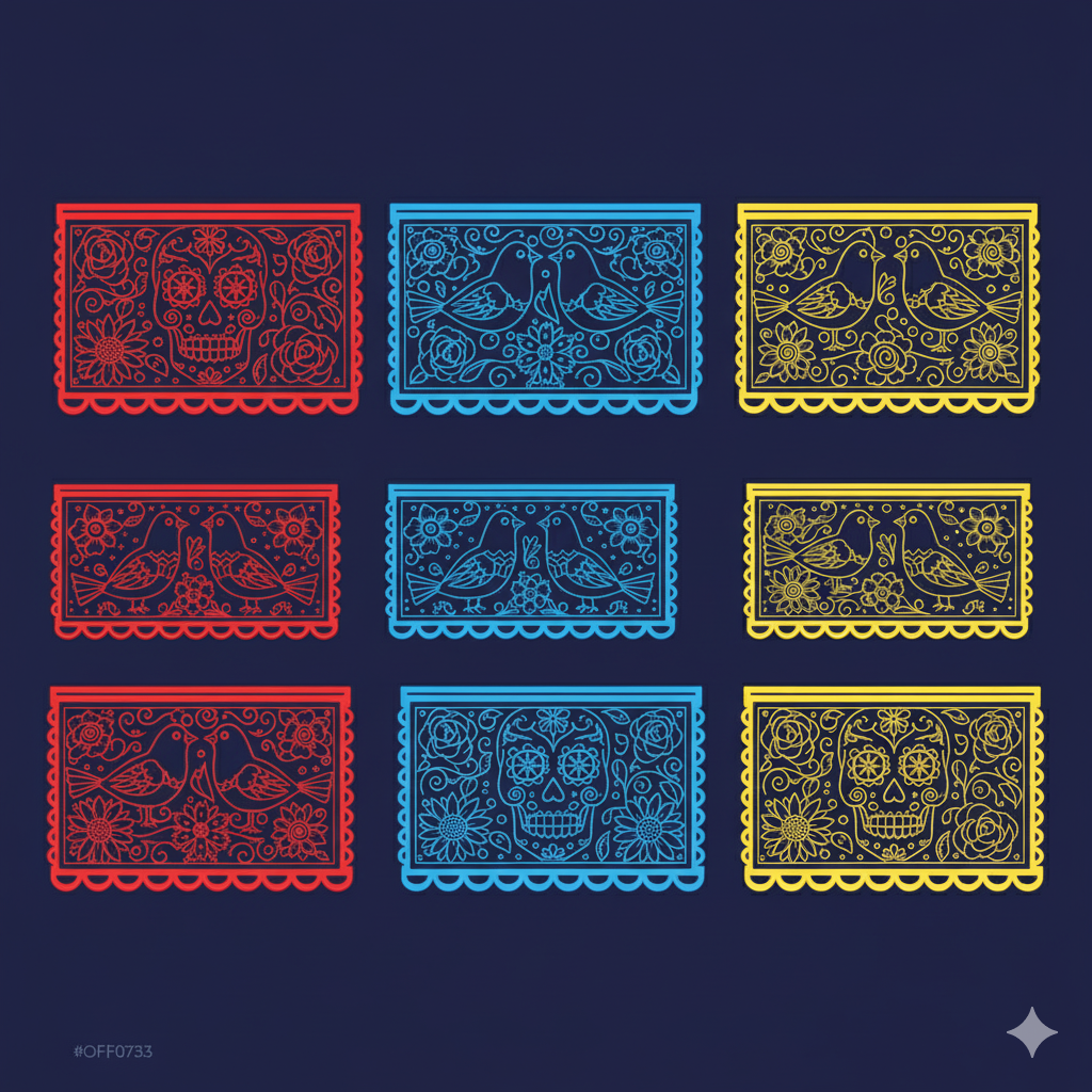 Papel picado con colores rojo, amarillo, azul y morado alternados