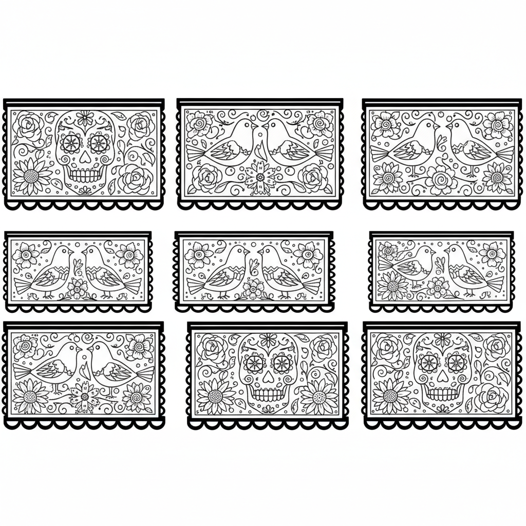Dibujo de línea de una tira de papel picado con recortes simétricos de flores y calaveras