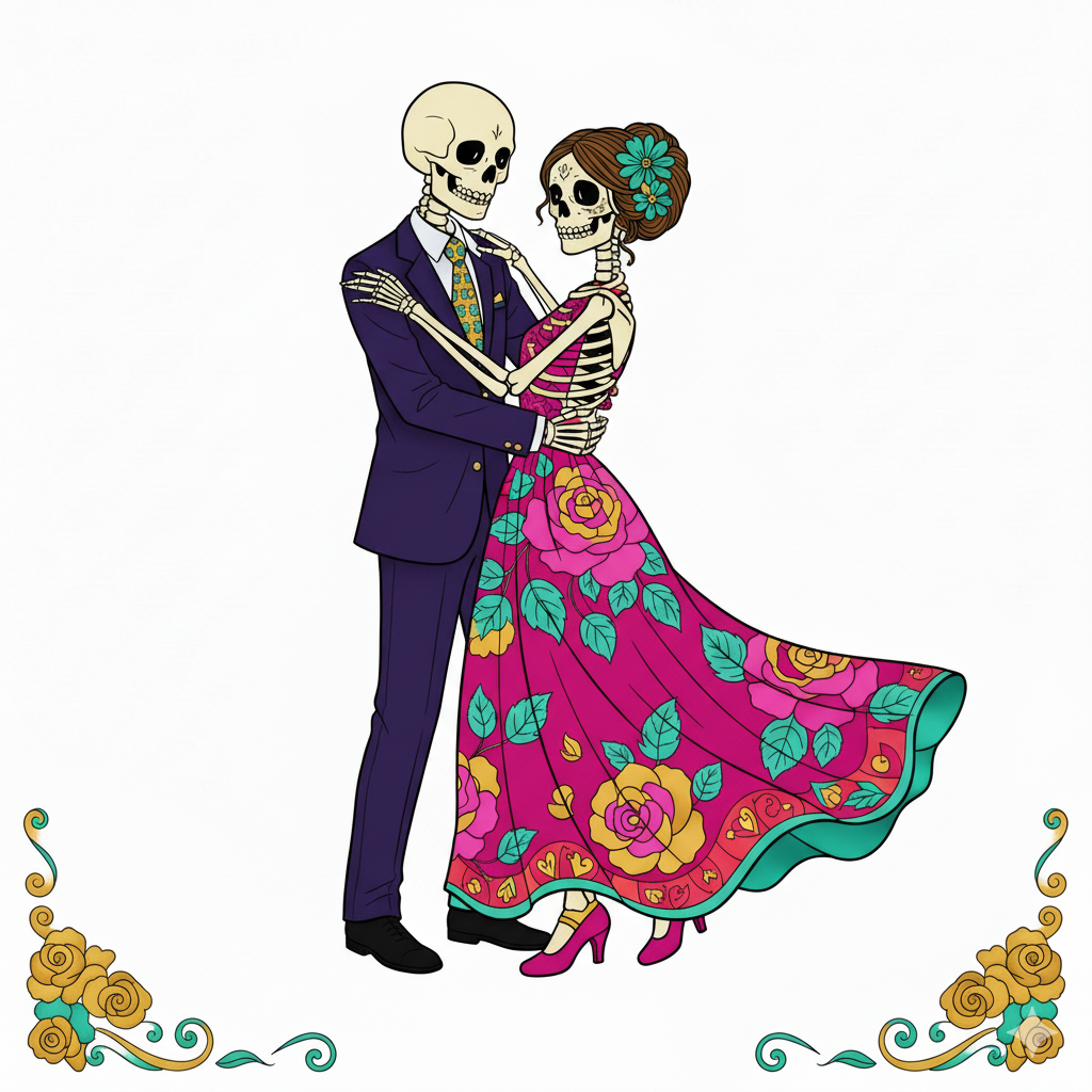Pareja de esqueletos coloreada con ropa morada, roja y detalles dorados