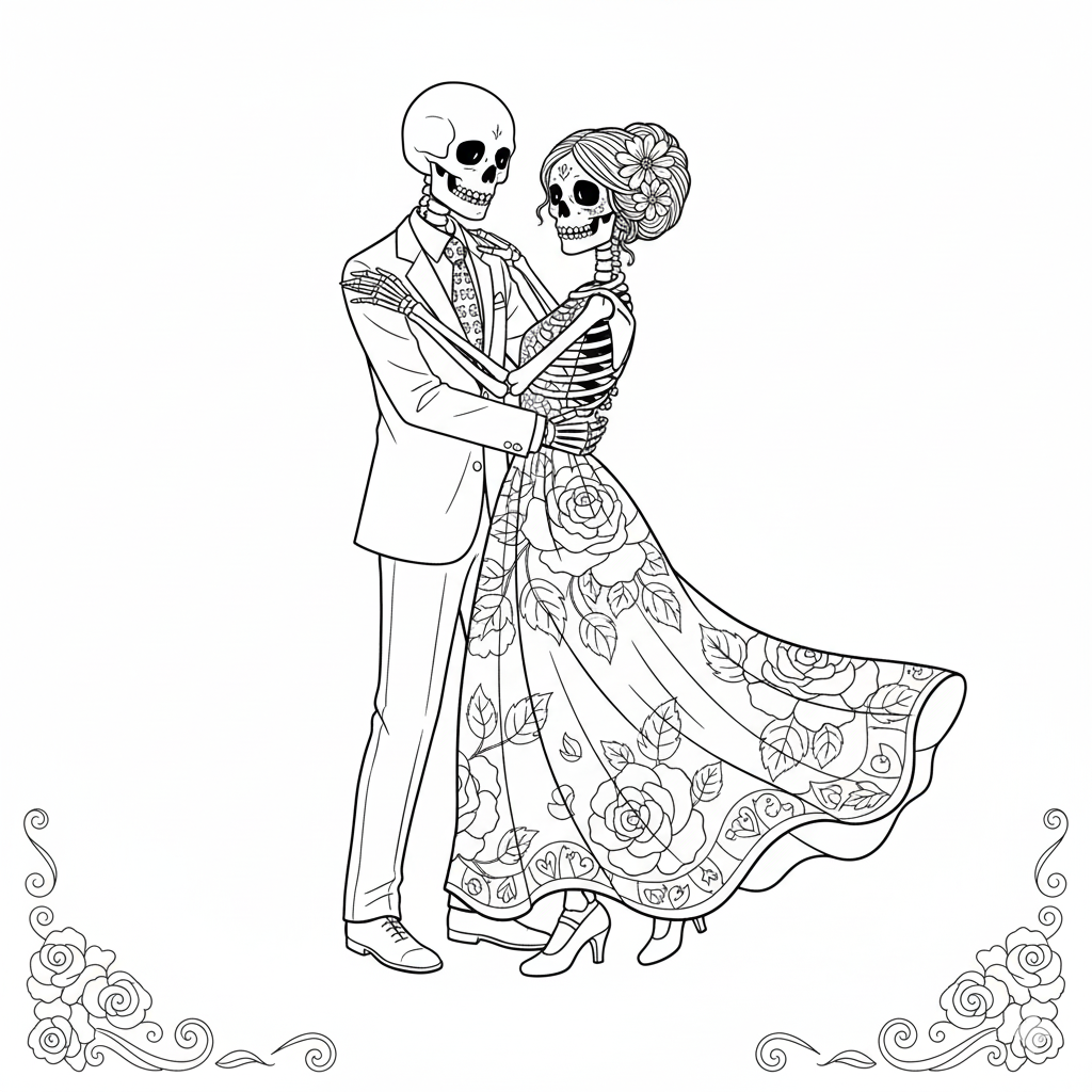Dibujo de línea de dos esqueletos vestidos bailando alegremente