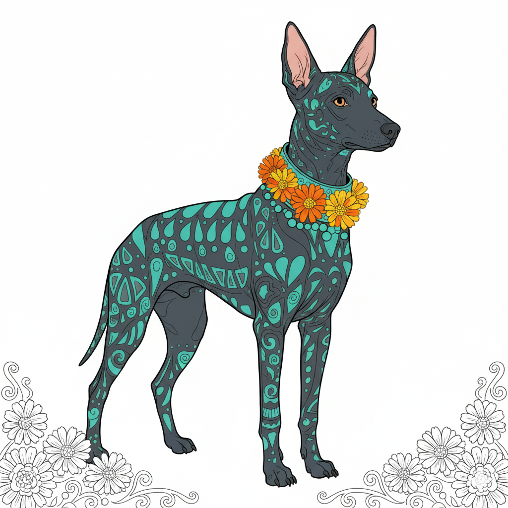 Perro Xoloitzcuintle coloreado con tonos grises oscuros y patrones dorados y azules
