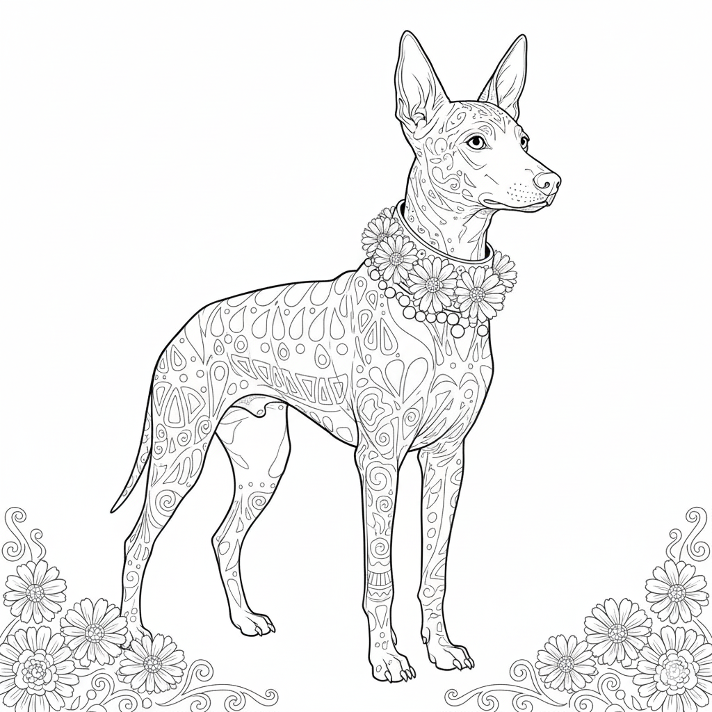 Dibujo de línea de un perro Xoloitzcuintle con un collar de flores y un cuerpo decorado