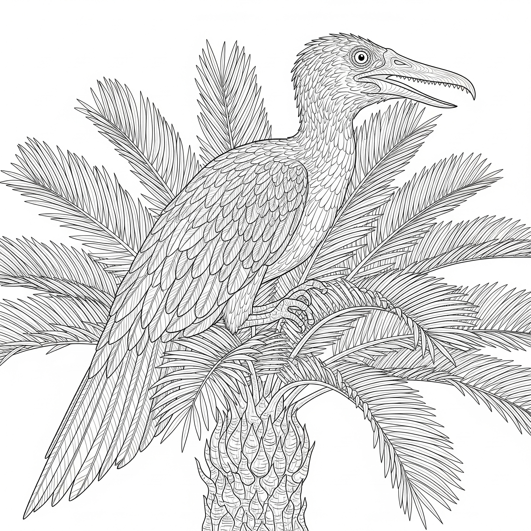 Arqueoptérix mostrando plumas y garras, para colorear en detalle