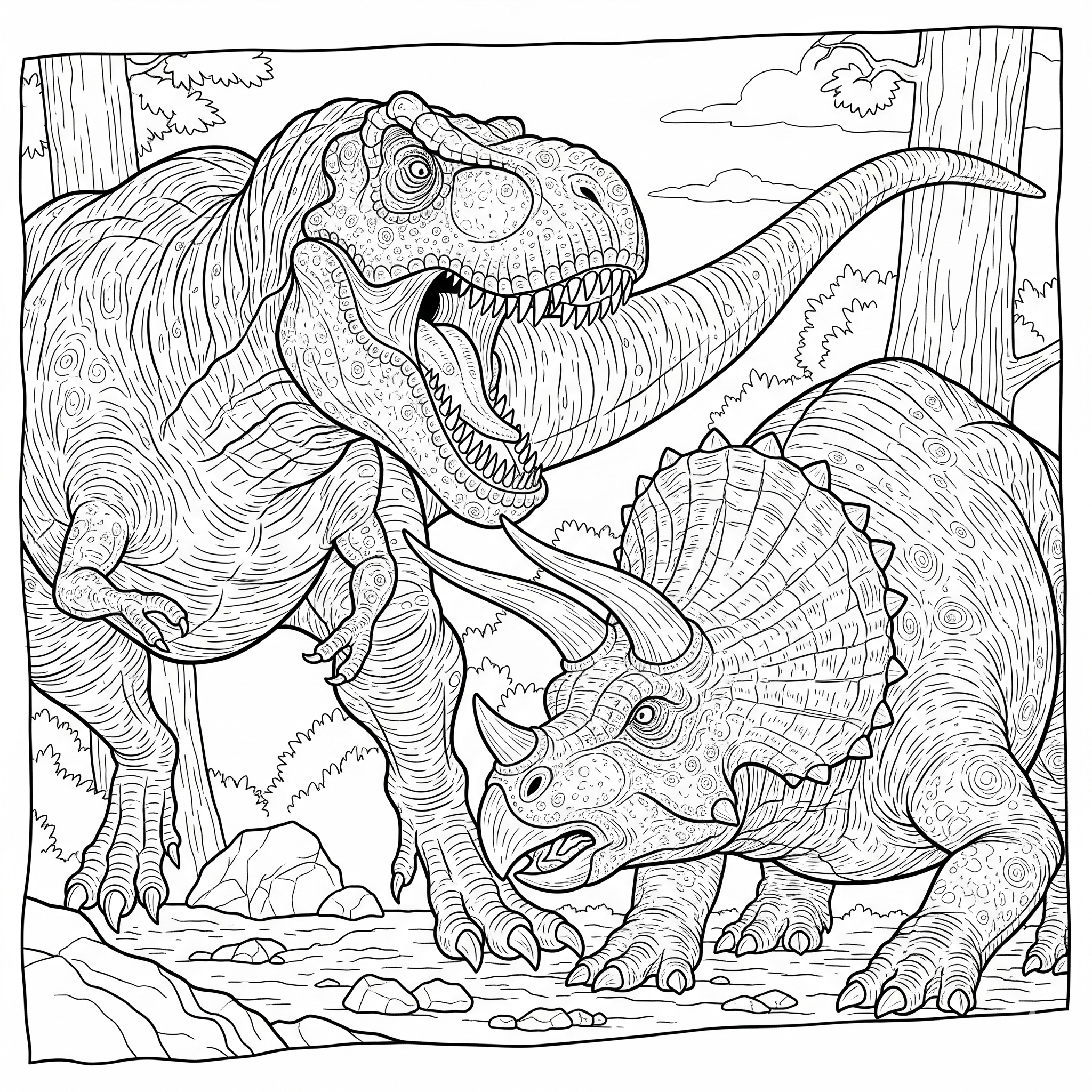 T-Rex y Triceratops luchando, escena detallada para colorear