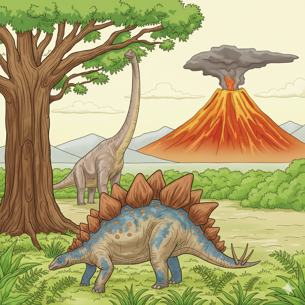 Escena jurásica coloreada con dinosaurios, vegetación y un volcán