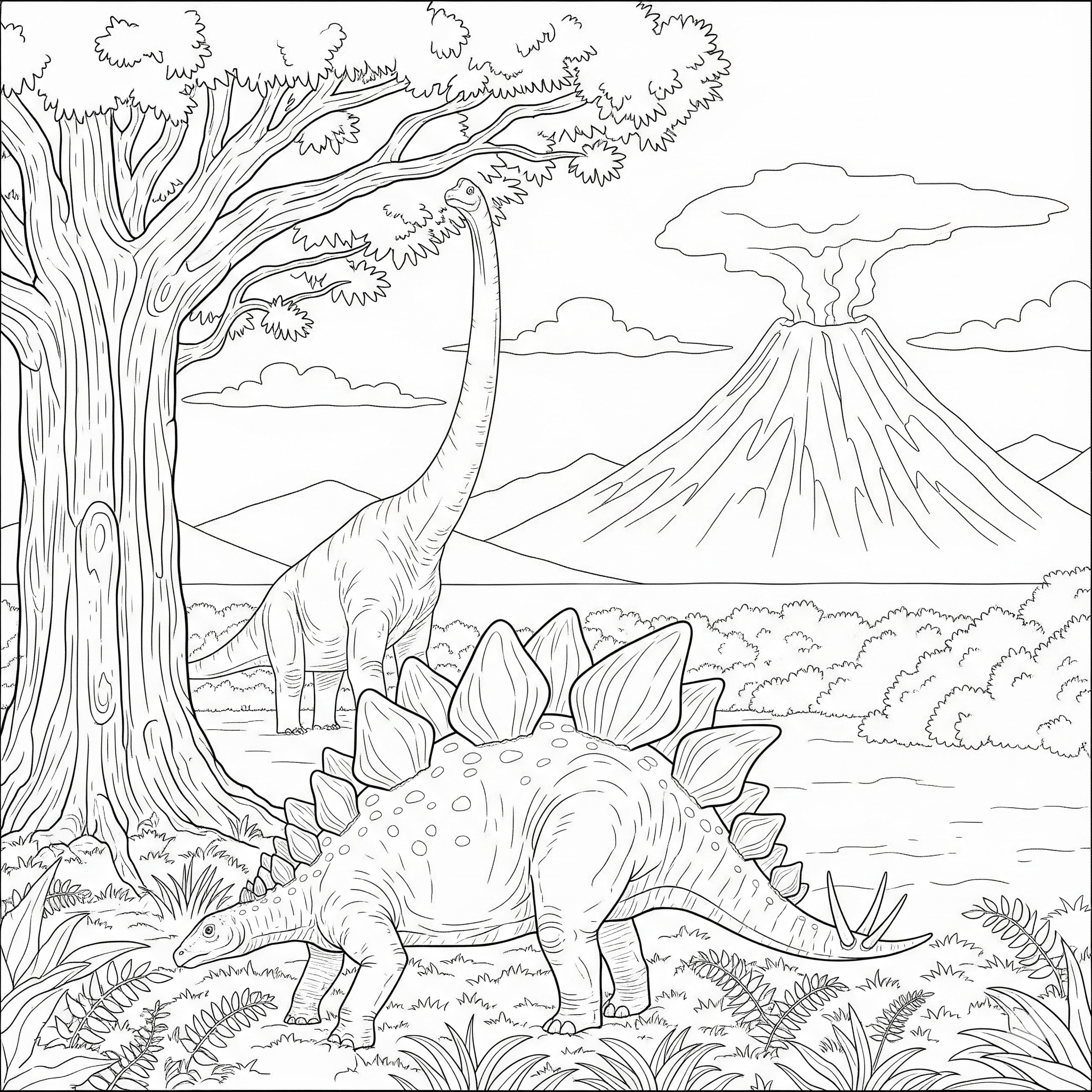 Paisaje jurásico con varios dinosaurios y un volcán para colorear
