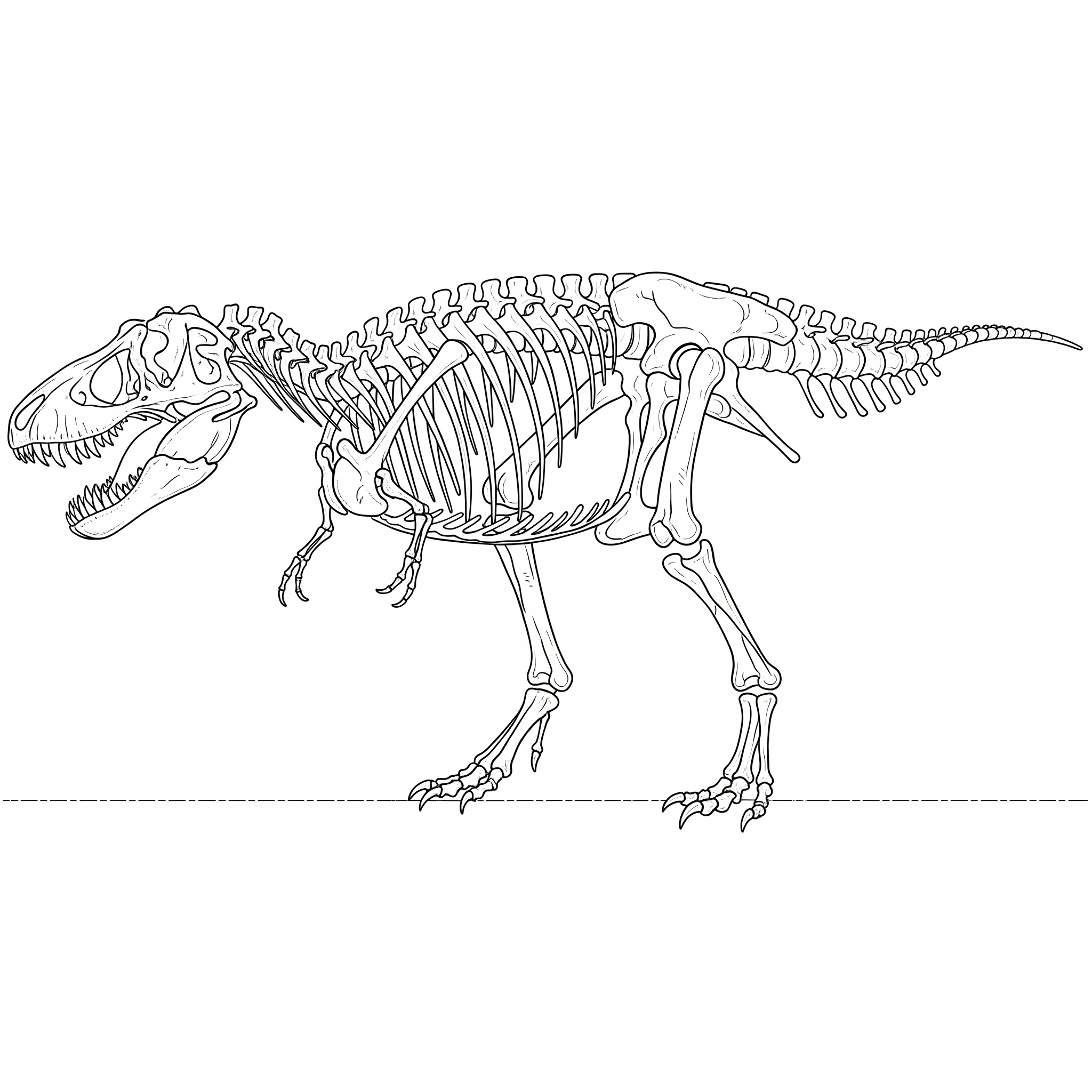 Esqueleto fósil de un T-Rex, con cada hueso detallado para colorear