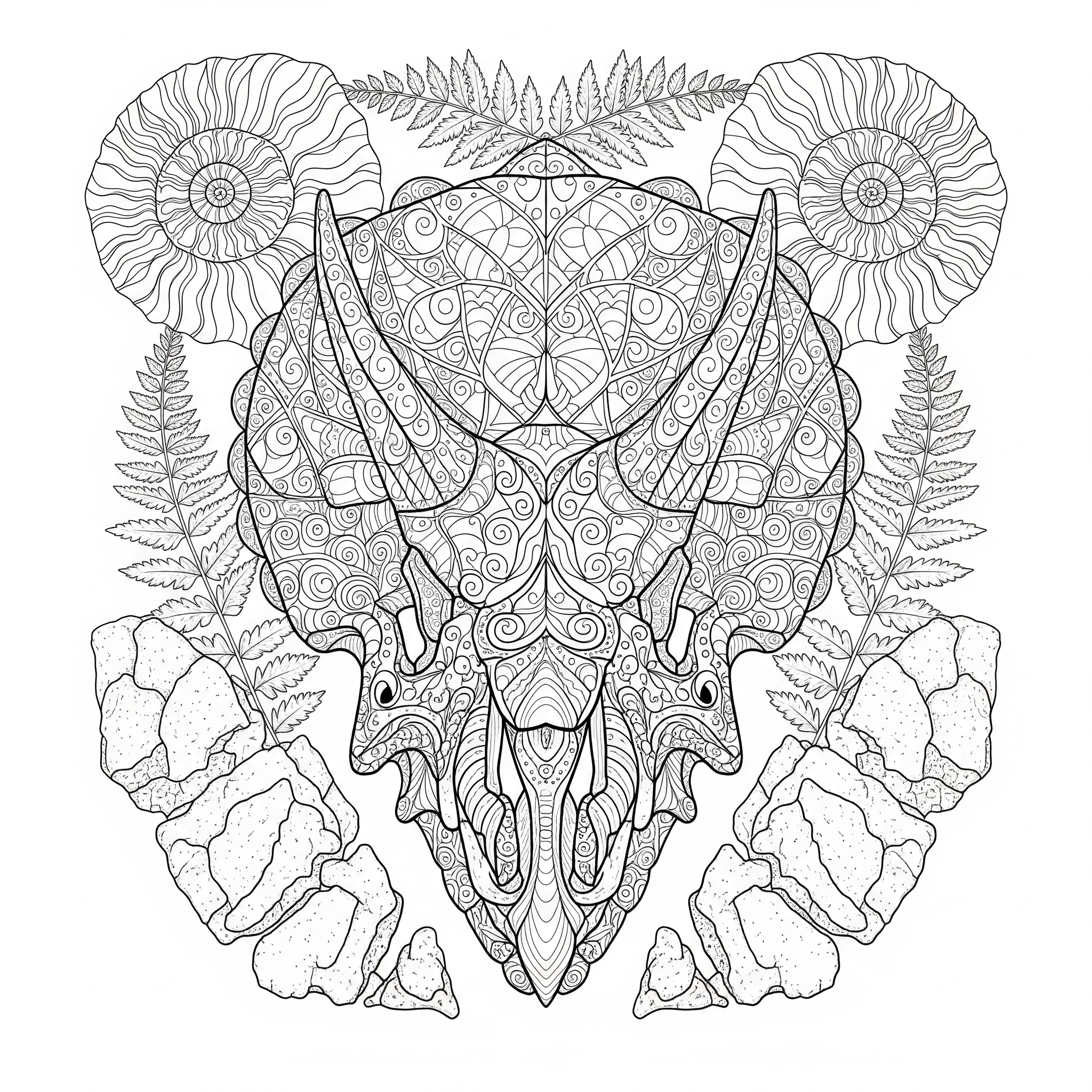 Cráneo de Triceratops con intrincados patrones de mandala