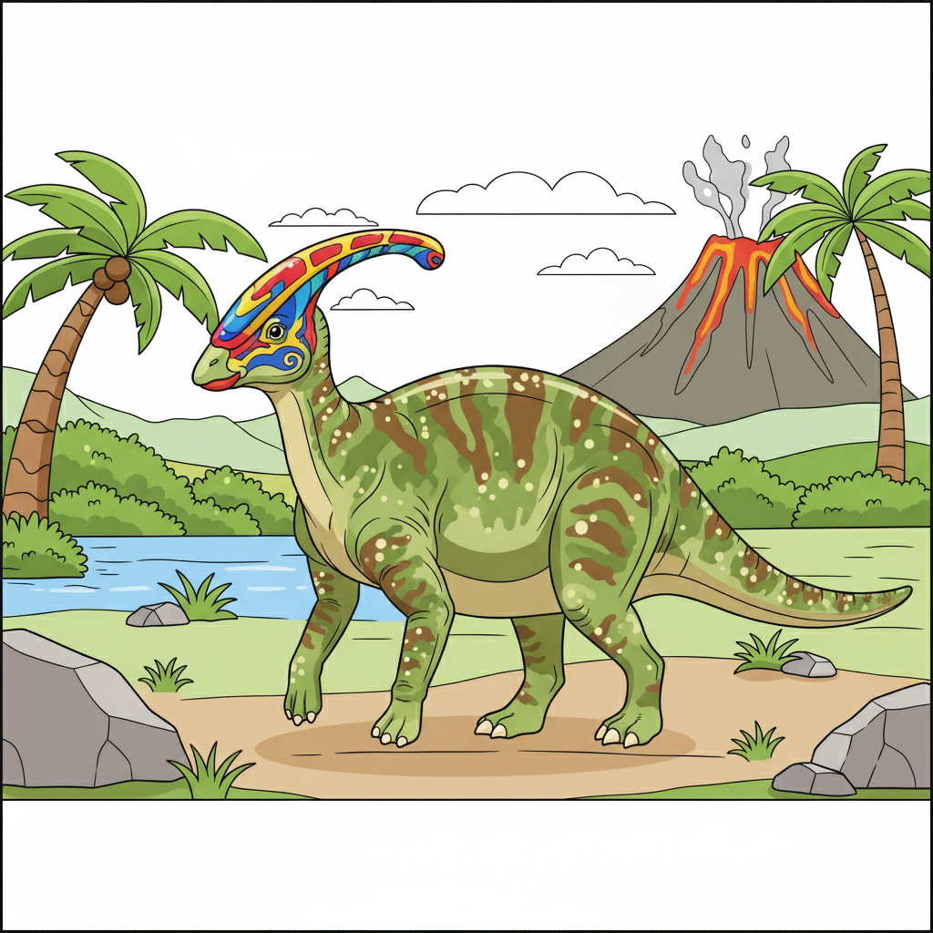 Parasaurolophus coloreado con una cresta de colores vibrantes