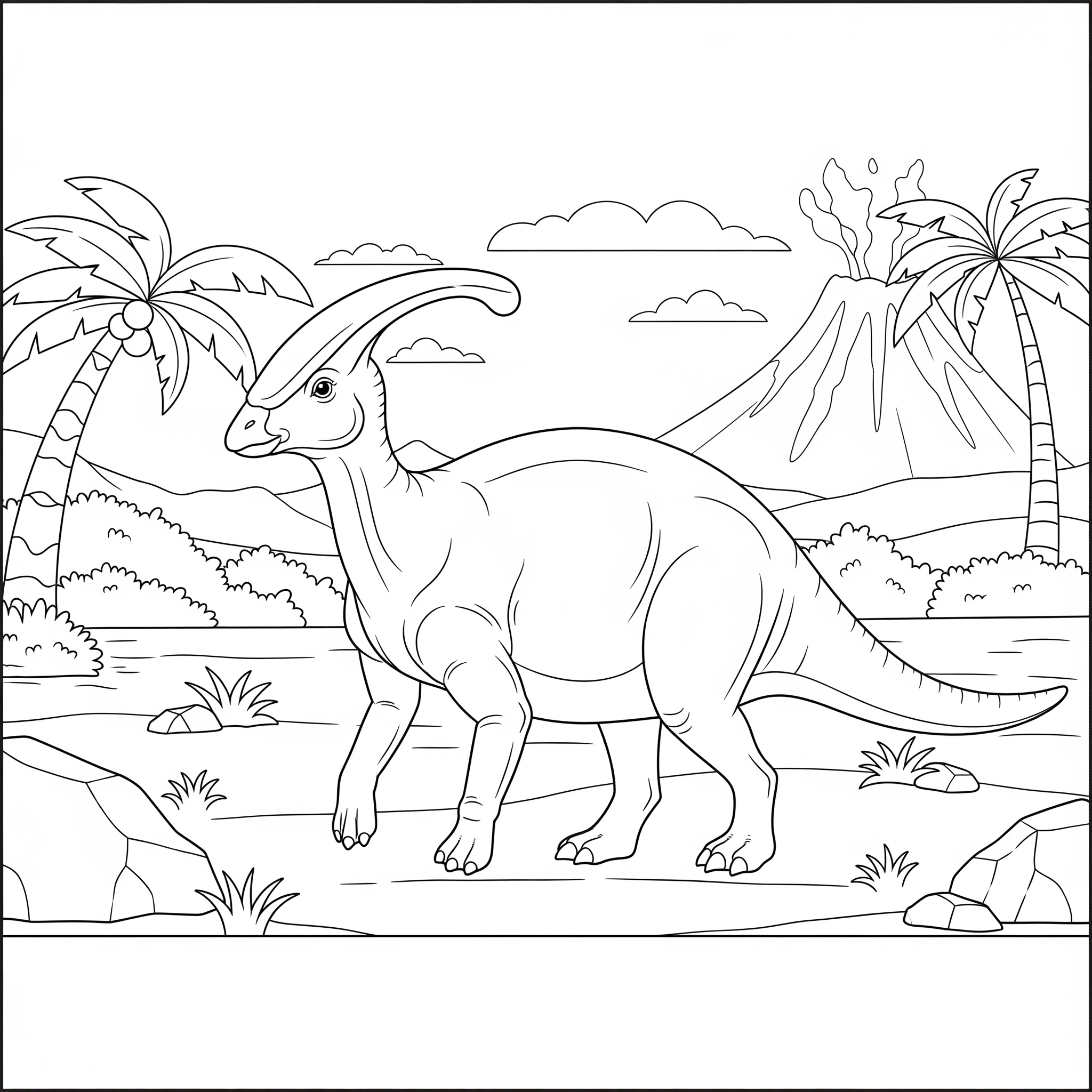 Parasaurolophus de perfil para mostrar su cresta, para colorear