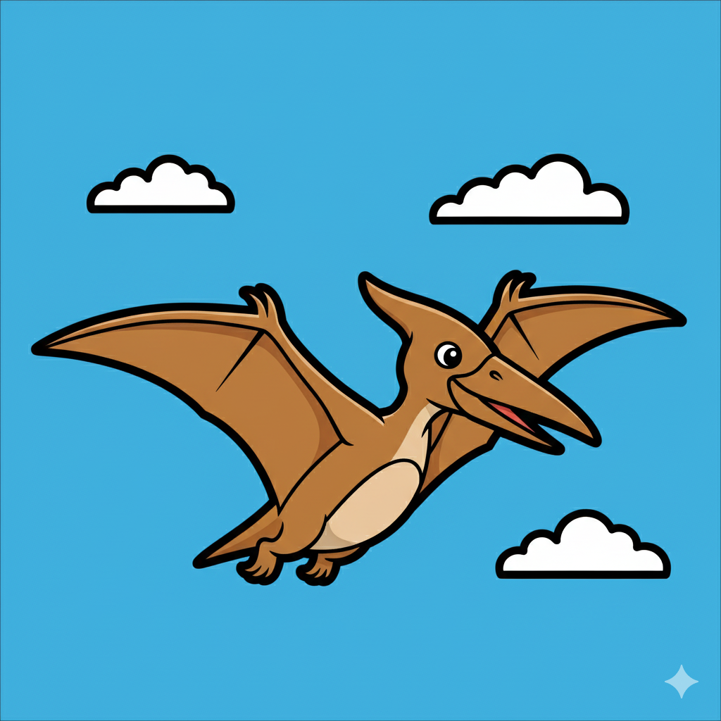 Pterodáctilo coloreado en marrón claro con un cielo azul de fondo