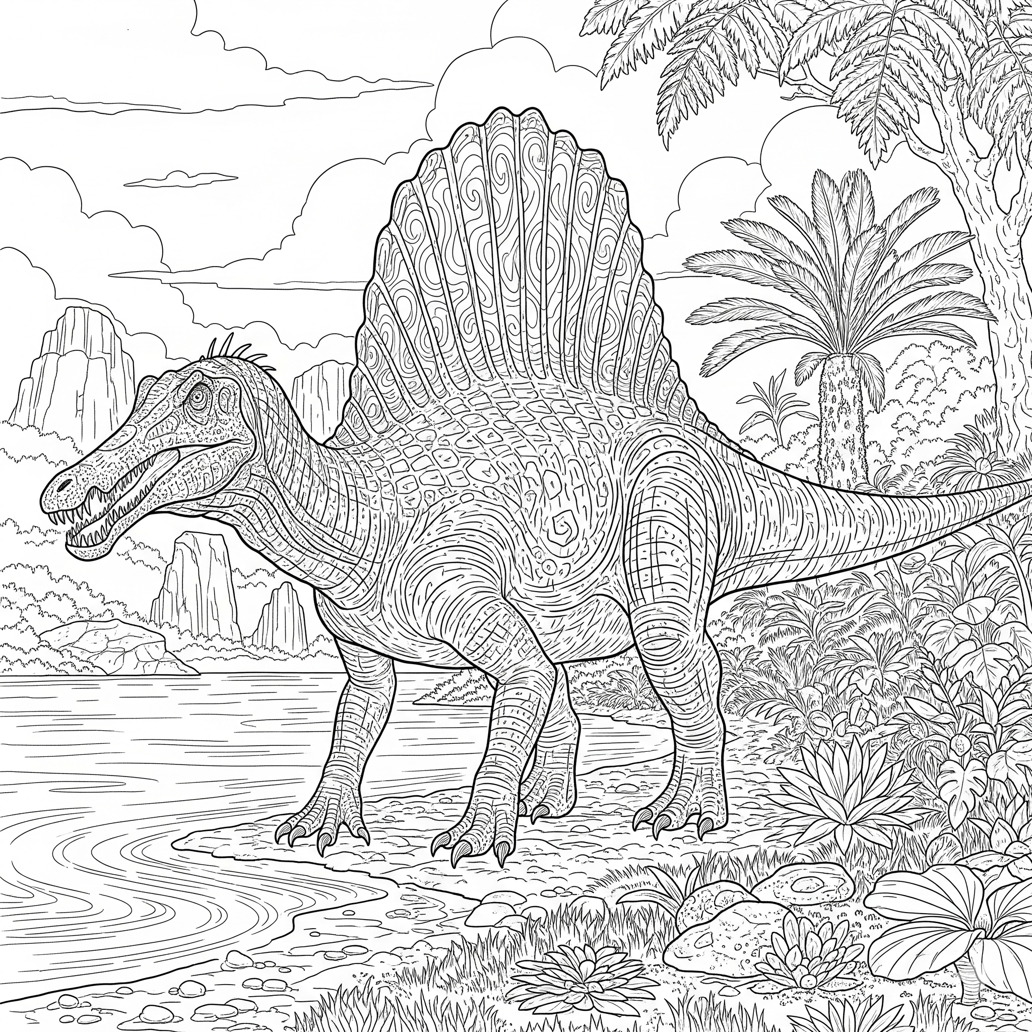 Espinosaurio con piel y vela dorsal detalladas, para colorear