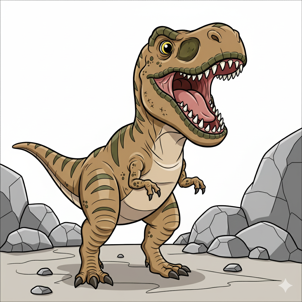 T-Rex coloreado con tonos de marrón y verde, mostrando sus dientes