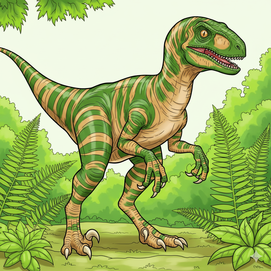 Velociraptor coloreado con patrones de rayas en un fondo de jungla