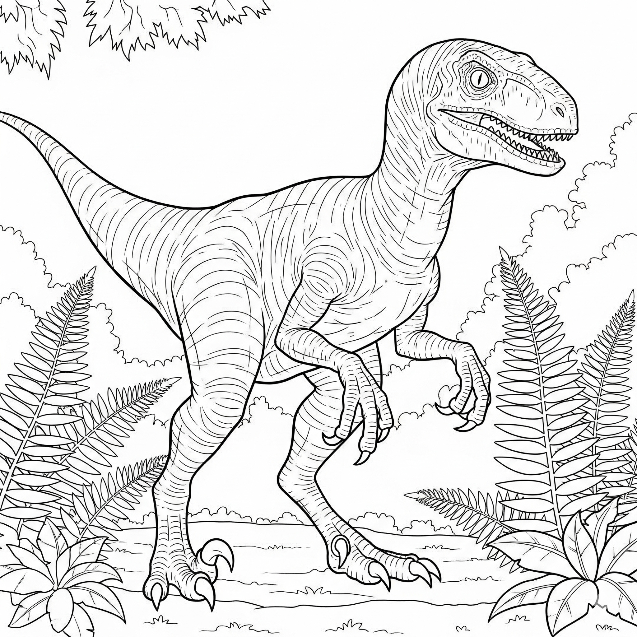 Velociraptor entre helechos, con garras afiladas, para colorear