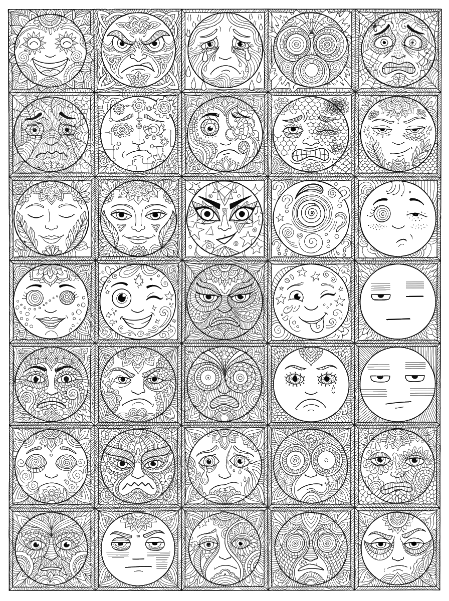 Emotion Faces Grid coloring page