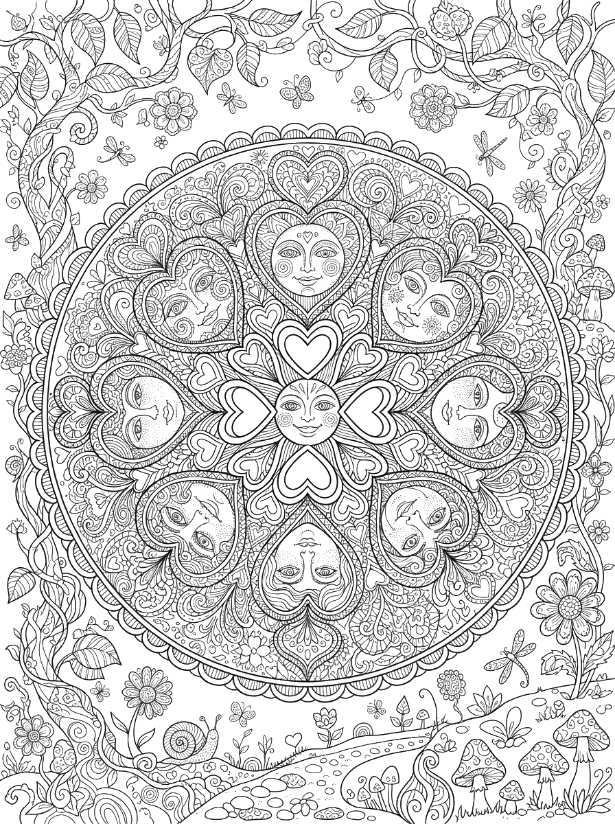 Faces and Hearts Mandala coloring page