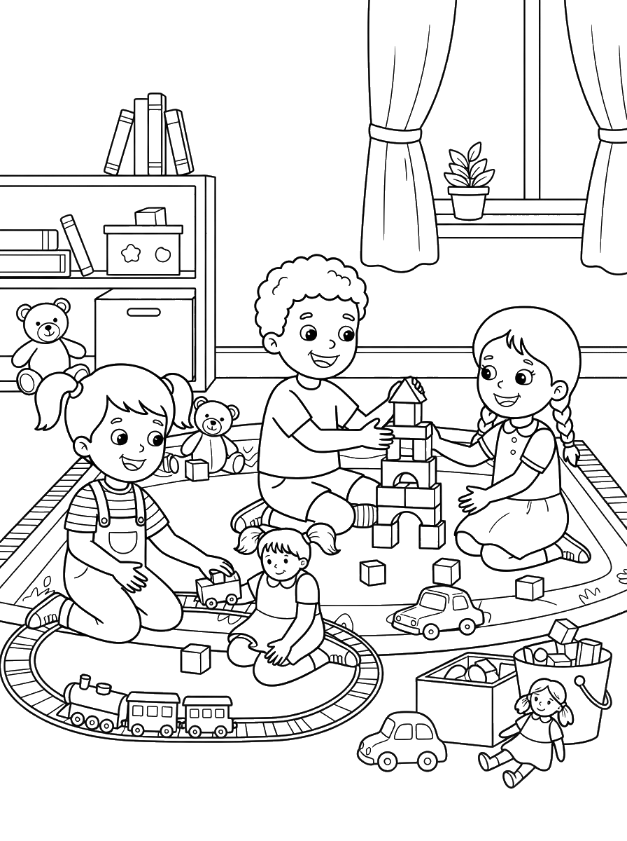 Kids Sharing Toys coloring page