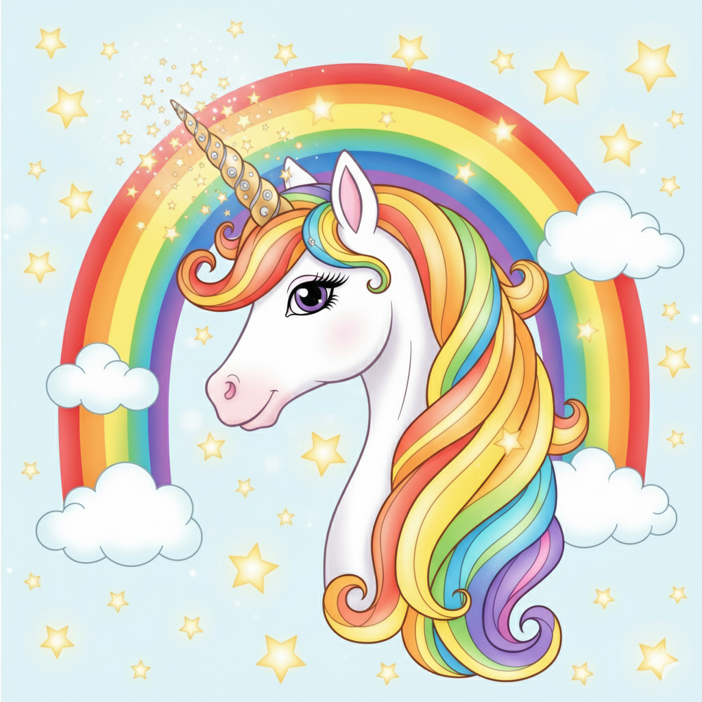Unicornio coloreado con colores del arcoíris brillantes