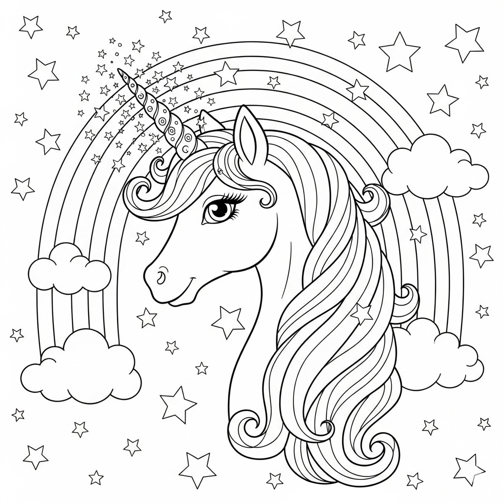 Unicornio arcoíris sin colorear con detalles mágicos