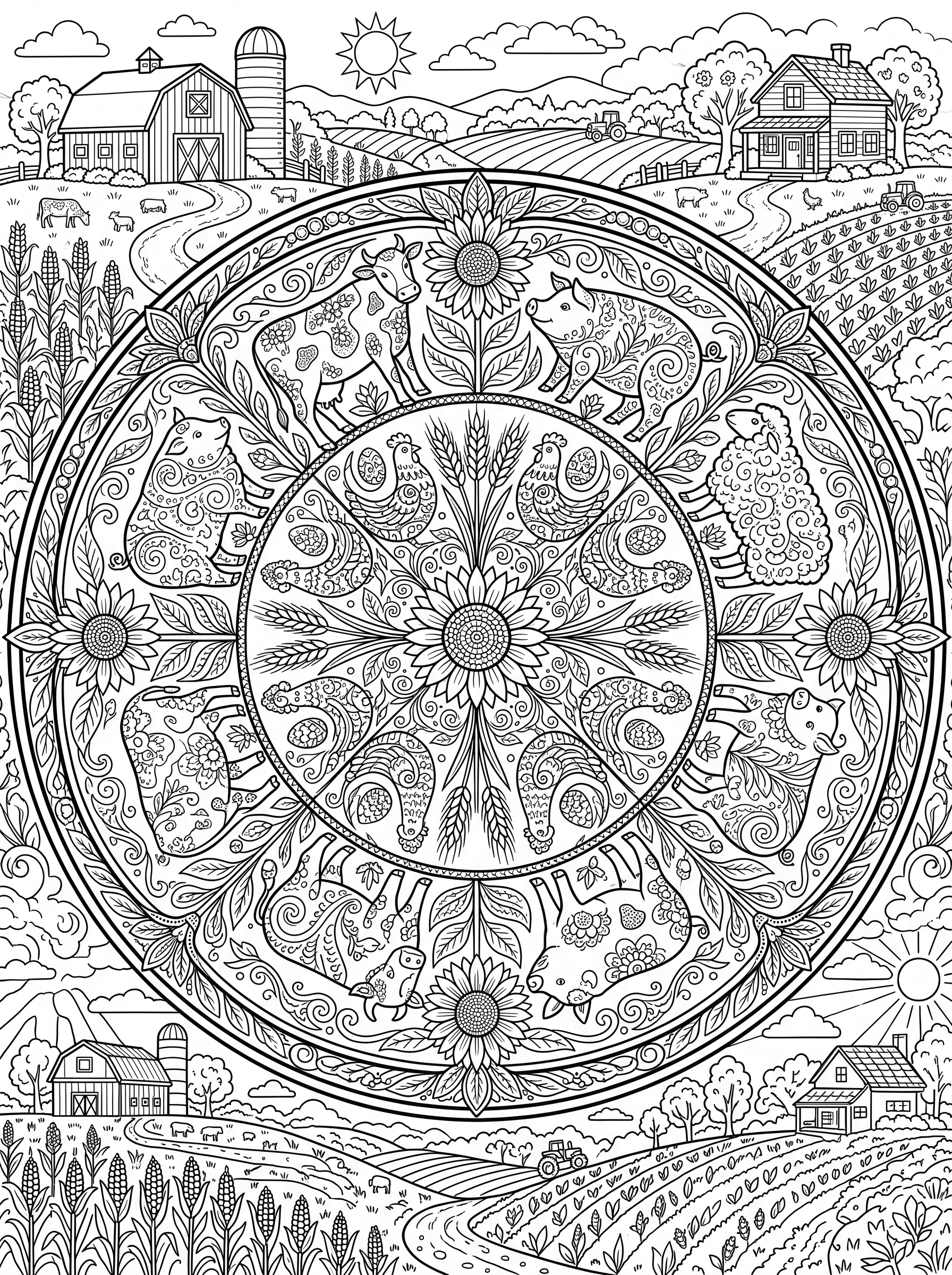 Farm Animals Mandala coloring page
