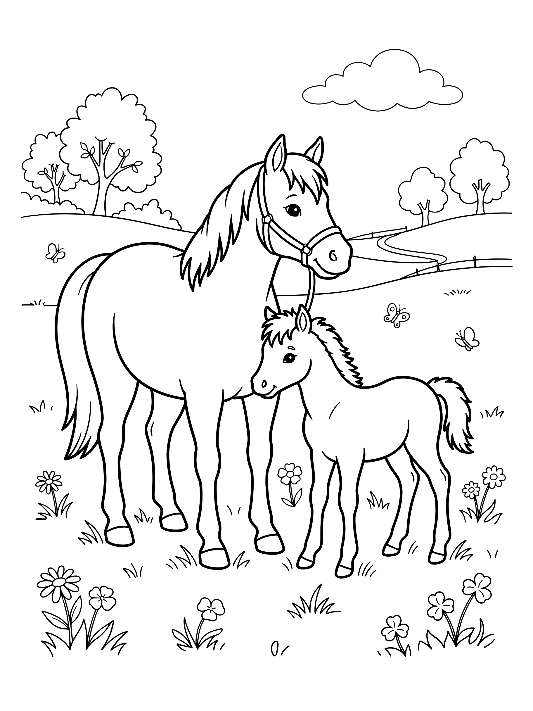 Horse and Foal in the Meadow coloring page