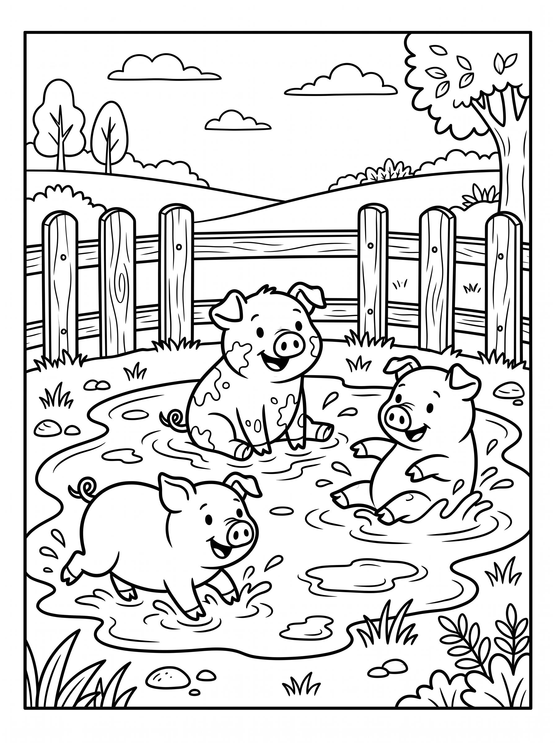 Pigs Playing in the Mud coloring page