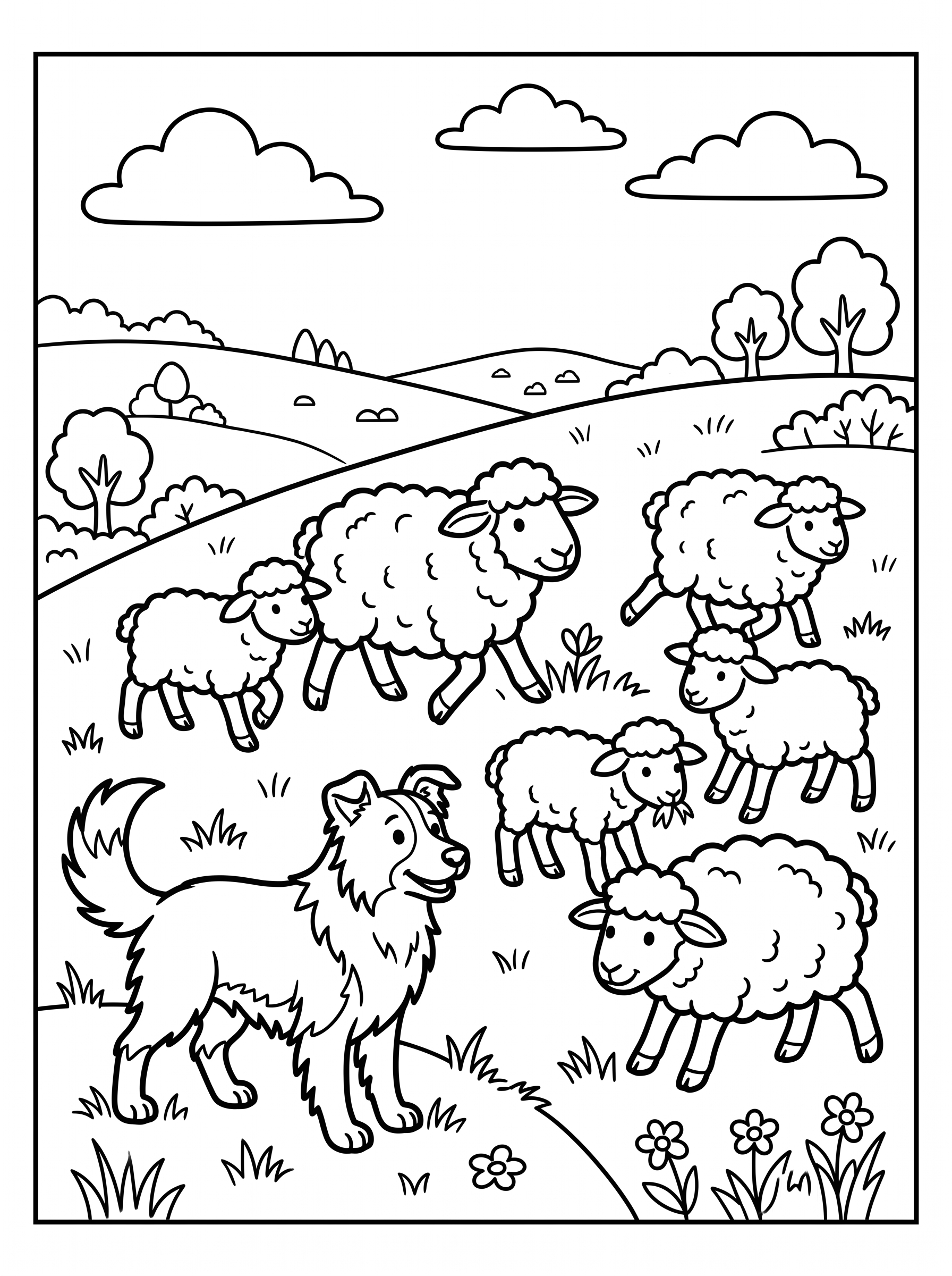 Sheep and Sheepdog on the Hill coloring page