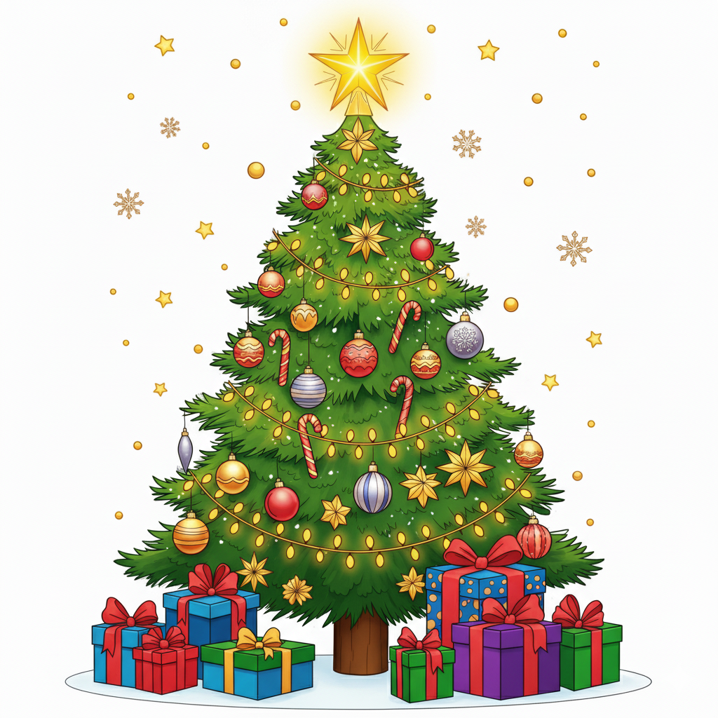 Árbol de Navidad coloreado con luces doradas y regalos rojos