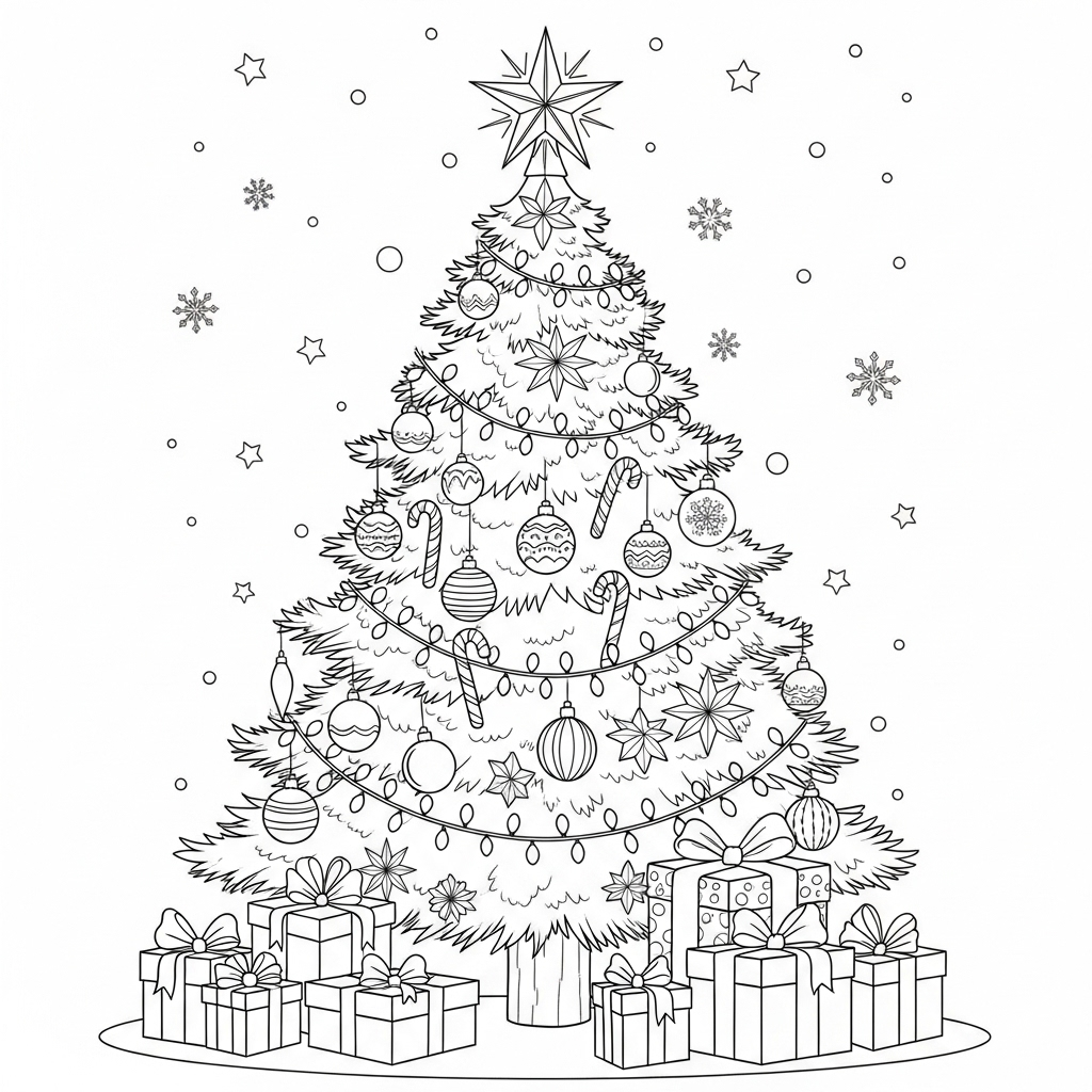 Árbol de Navidad sin colorear con ornamentos y regalos