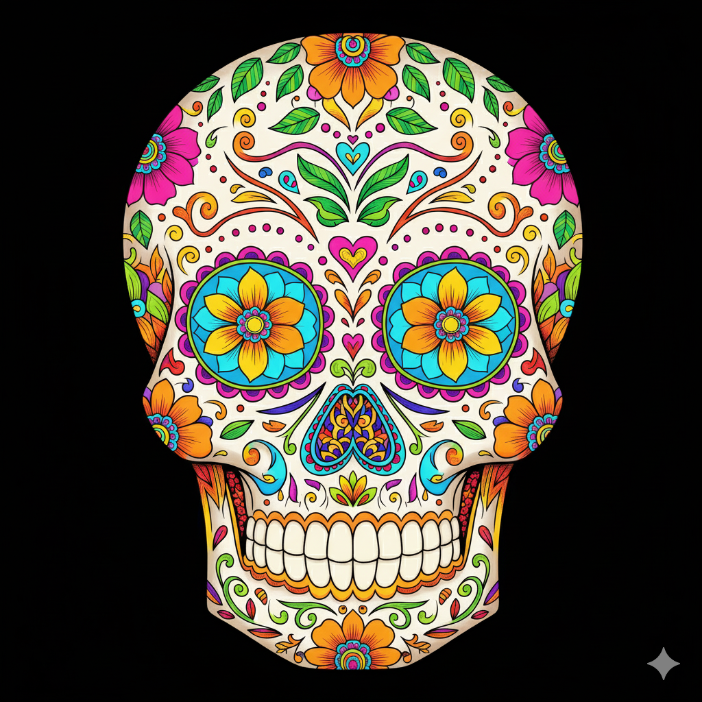Calavera de azúcar coloreada con una paleta de colores muy vibrante