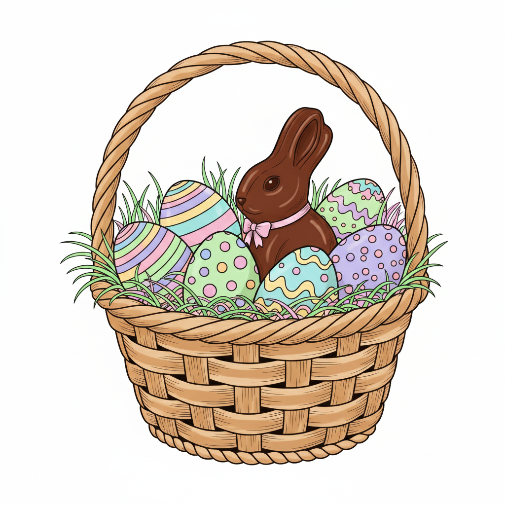 Canasta de Pascua coloreada con huevos de colores pastel y chocolate marrón