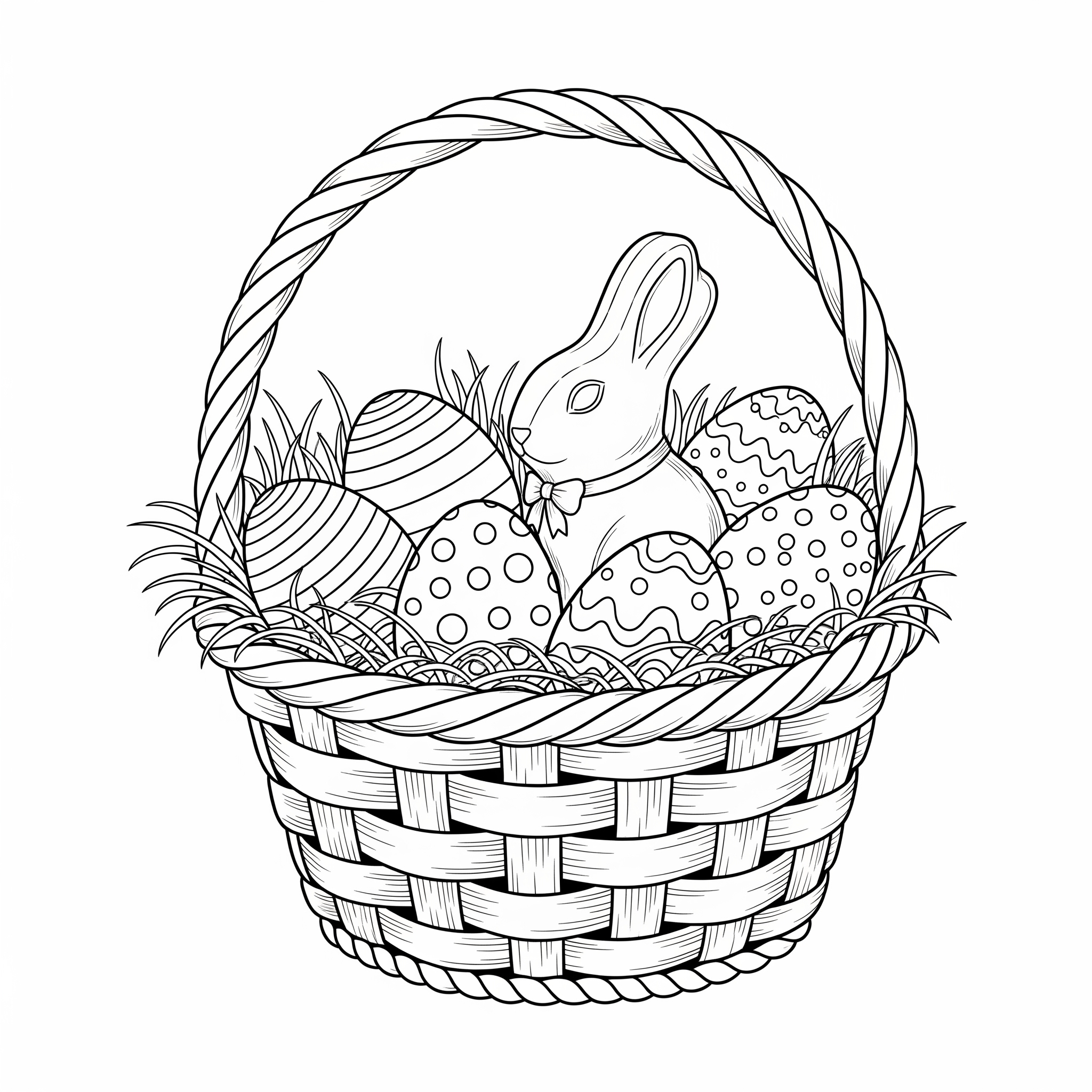 Canasta de Pascua llena de huevos decorados y un conejo de chocolate