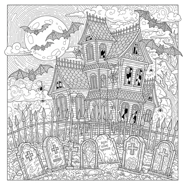 Detailed haunted house with ghosts, bats and a graveyard