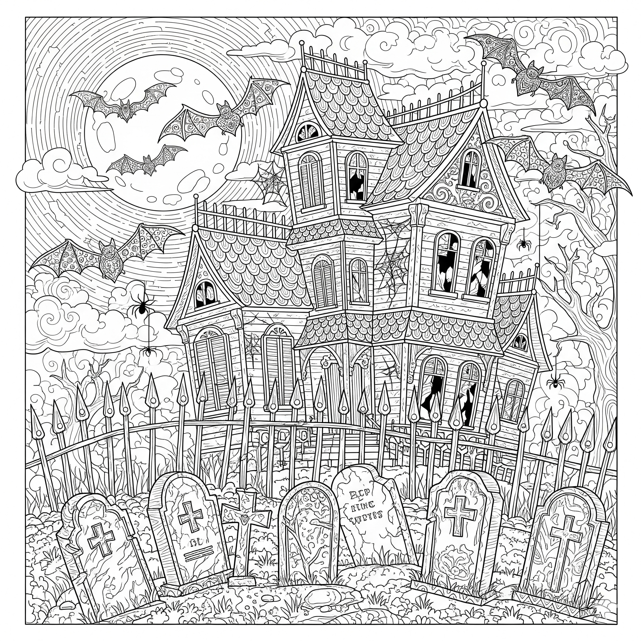 Casa embrujada detallada con fantasmas, murciélagos y un cementerio