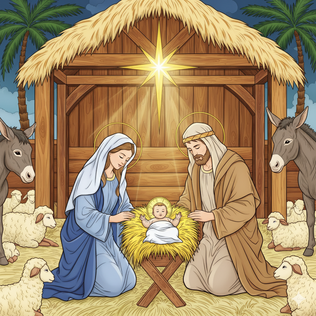 Escena del nacimiento coloreada con tonos suaves y una luz celestial