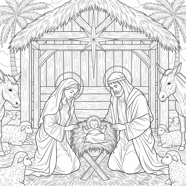 The birth of Jesus in a stable, with Mary, Joseph and the baby