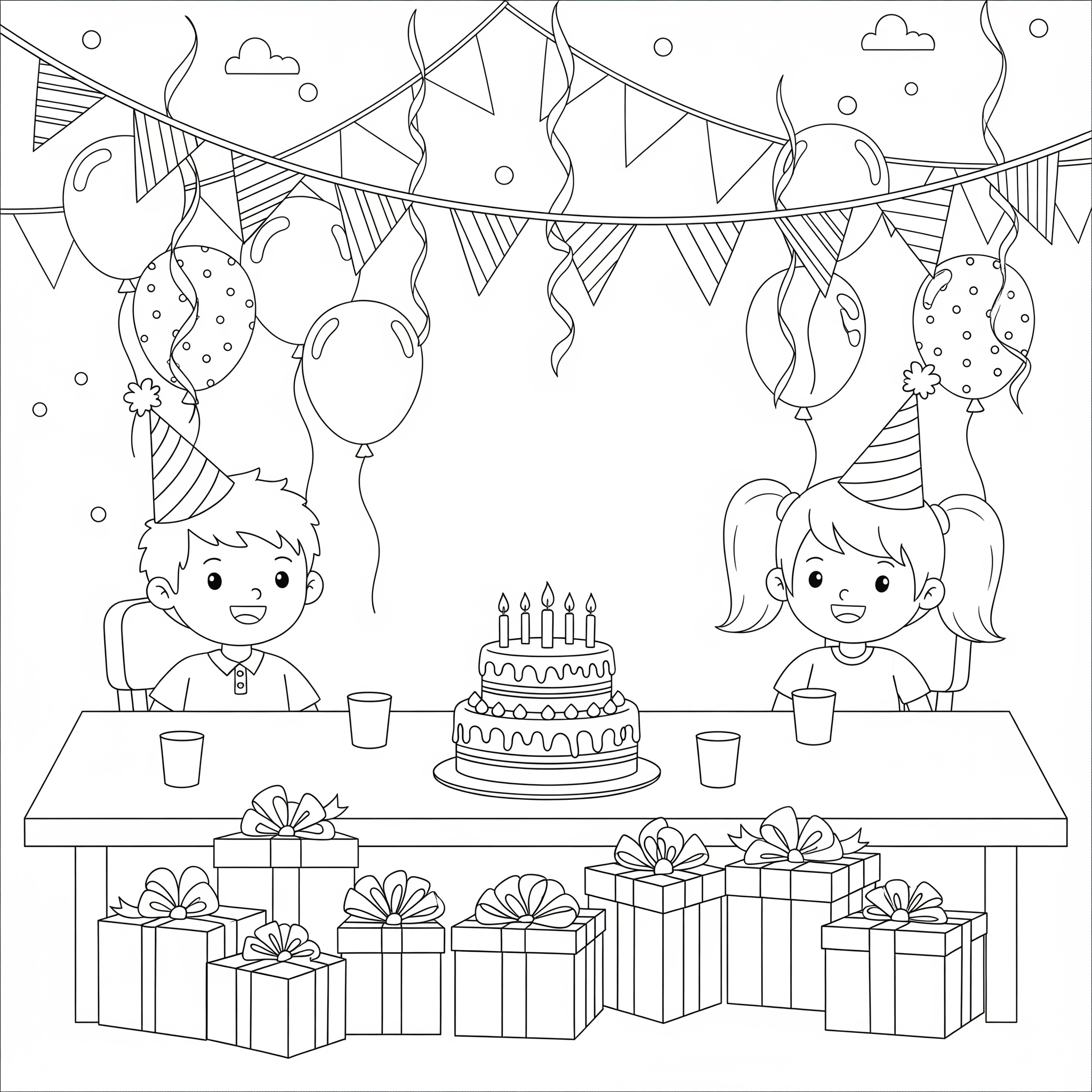 Escena de una fiesta con pastel, regalos, globos y confeti