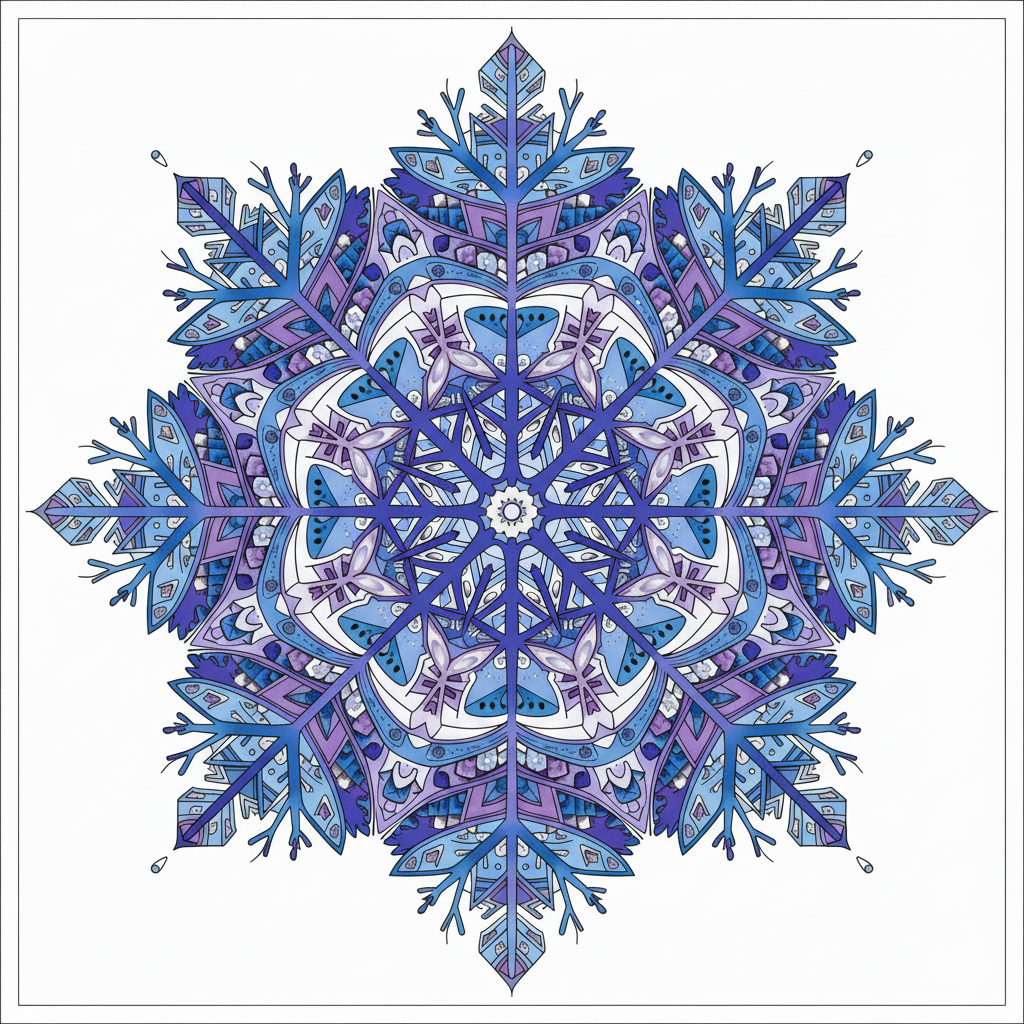 Mandala de copo de nieve coloreado con una paleta de azules y plateados