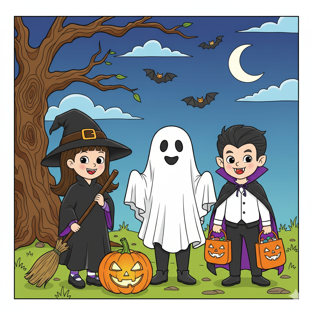 Niños de Halloween coloreados con disfraces clásicos