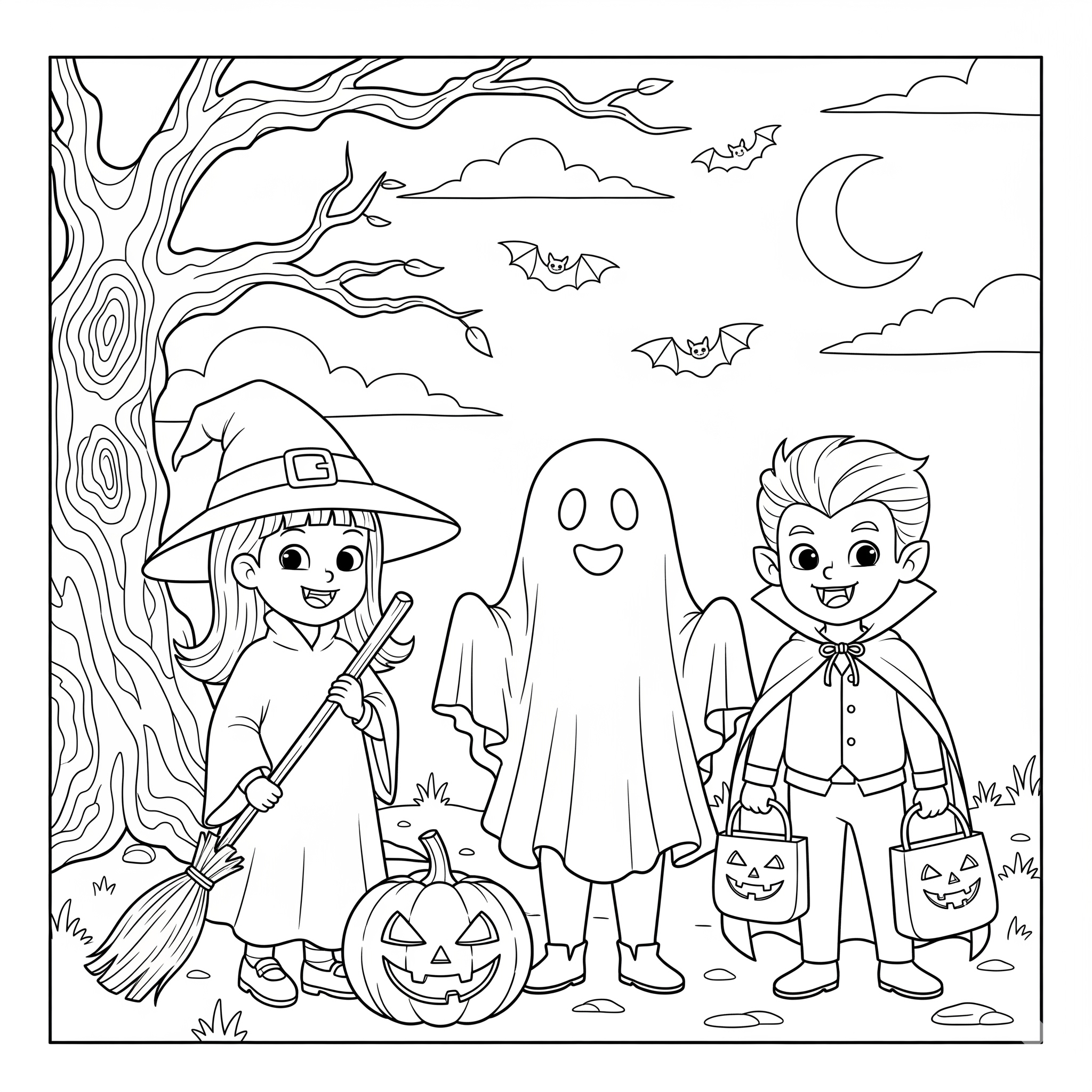 Tres niños con disfraces de Halloween y bolsas de dulces