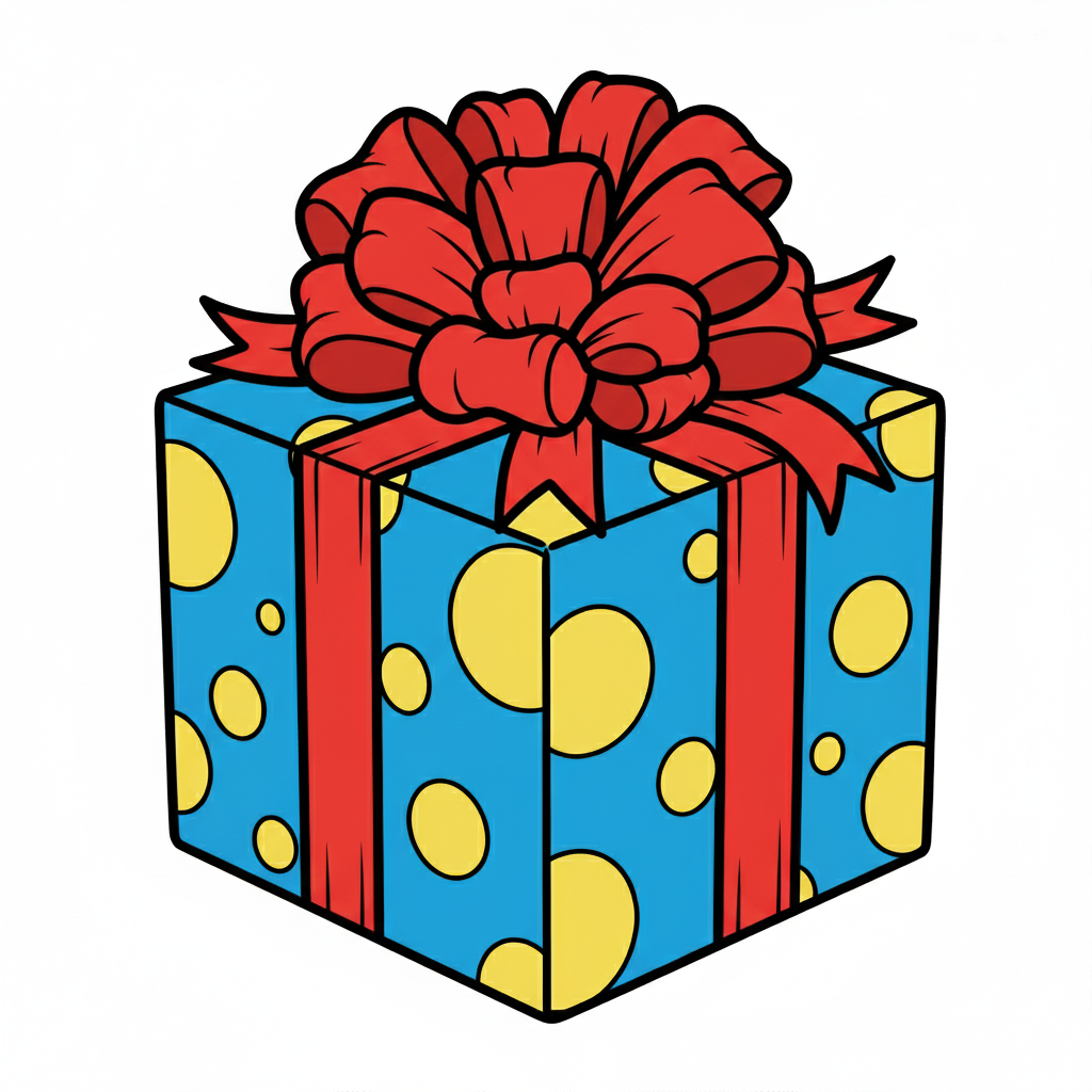 Regalo coloreado con papel de puntos y un lazo rojo