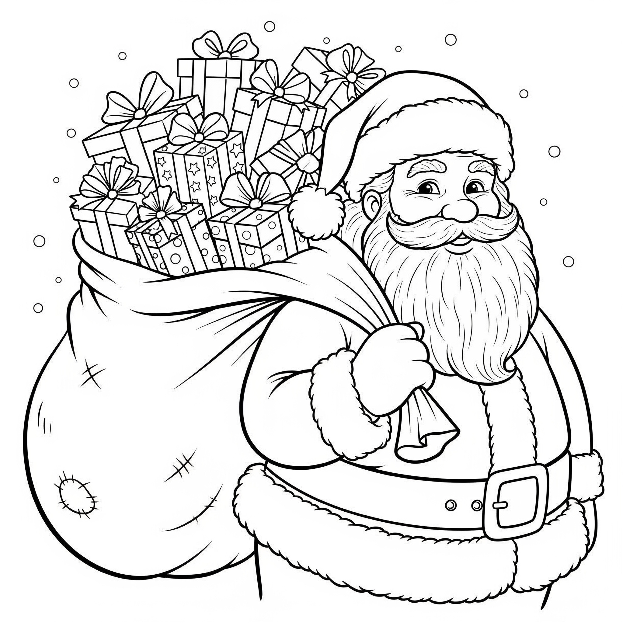 Santa Claus sonriente con barba larga y un saco de regalos
