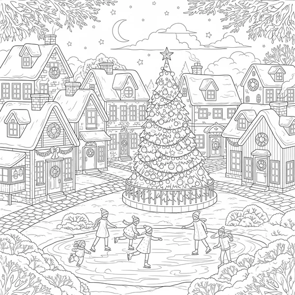 Detailed Christmas village scene with houses, snow and people